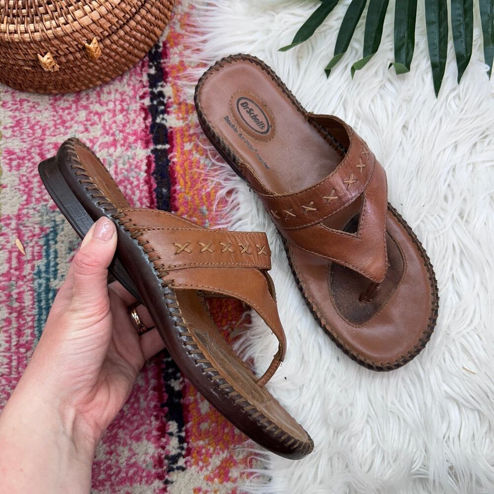 Vintage Dr. Scholl's Brown Leather Flip Flop Sandal 8.5 Slip On